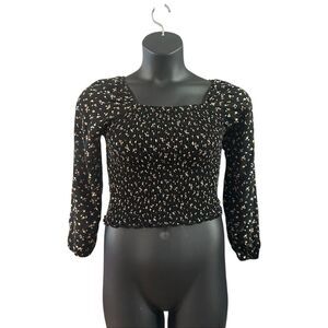 Art Class Girl's Black Floral Print Smocked Long Puff Sleeve Blouse Size Large